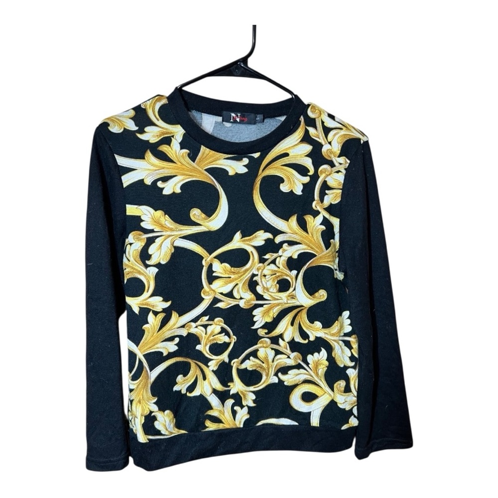 Black & Gold Baroque Scroll Print Long Sleeve Top – Size Small